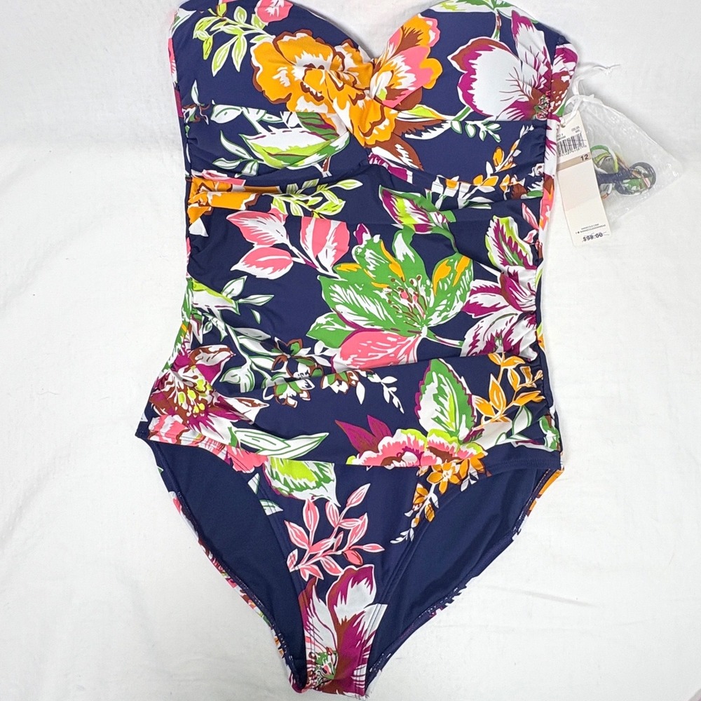 Anne Cole Women Navy Floral Twist Front One Piece Swimsuit Size 12 Tropical NWT